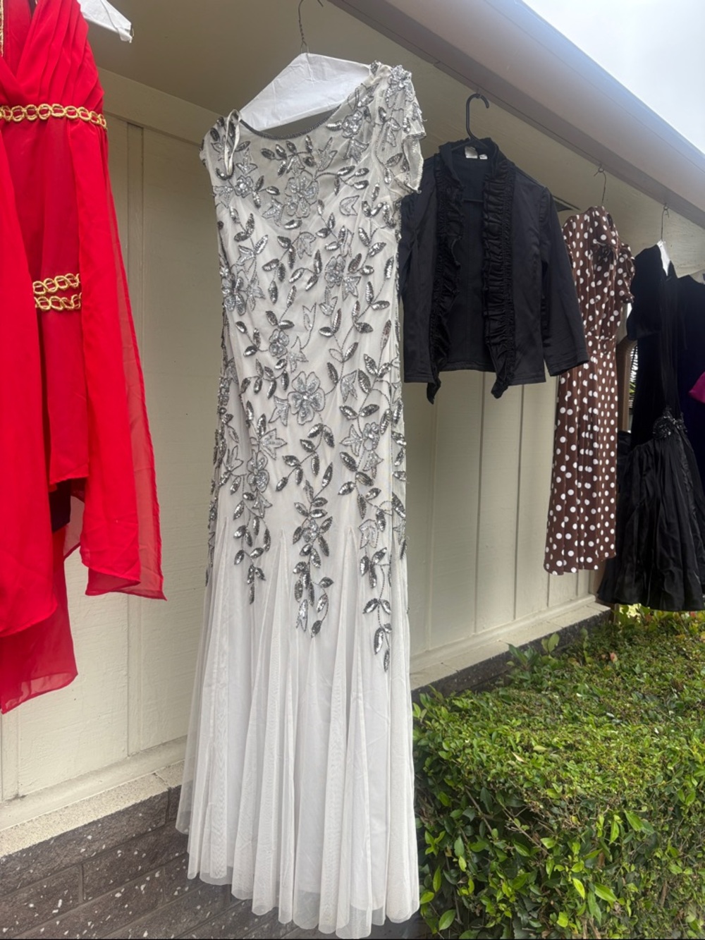 Adrianna Papell silver gray Beaded Floral Maxi Dress gown